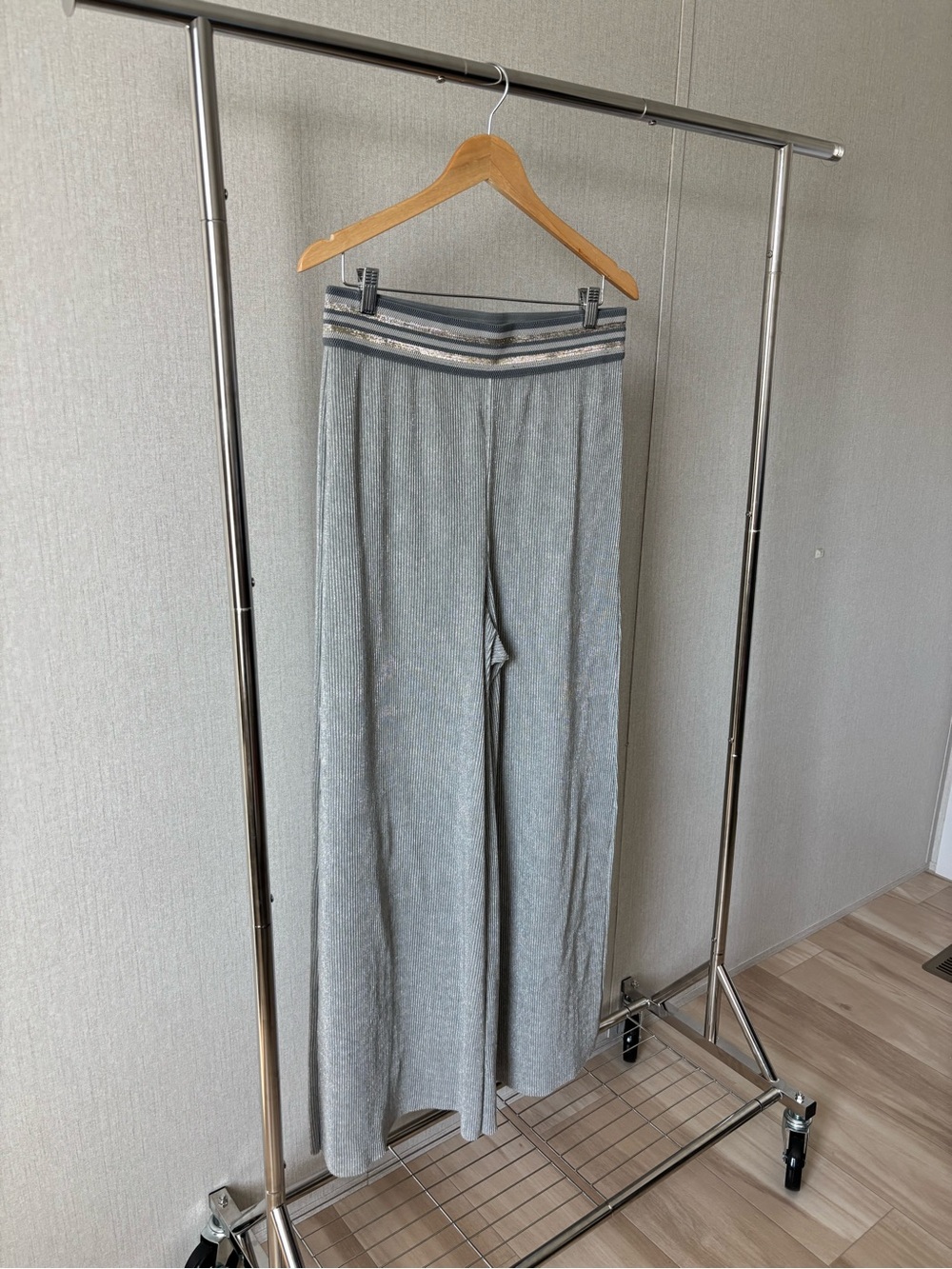 Anthropologie Wide-Leg Ribbed Pants in Heather Gray with Striped Waistband